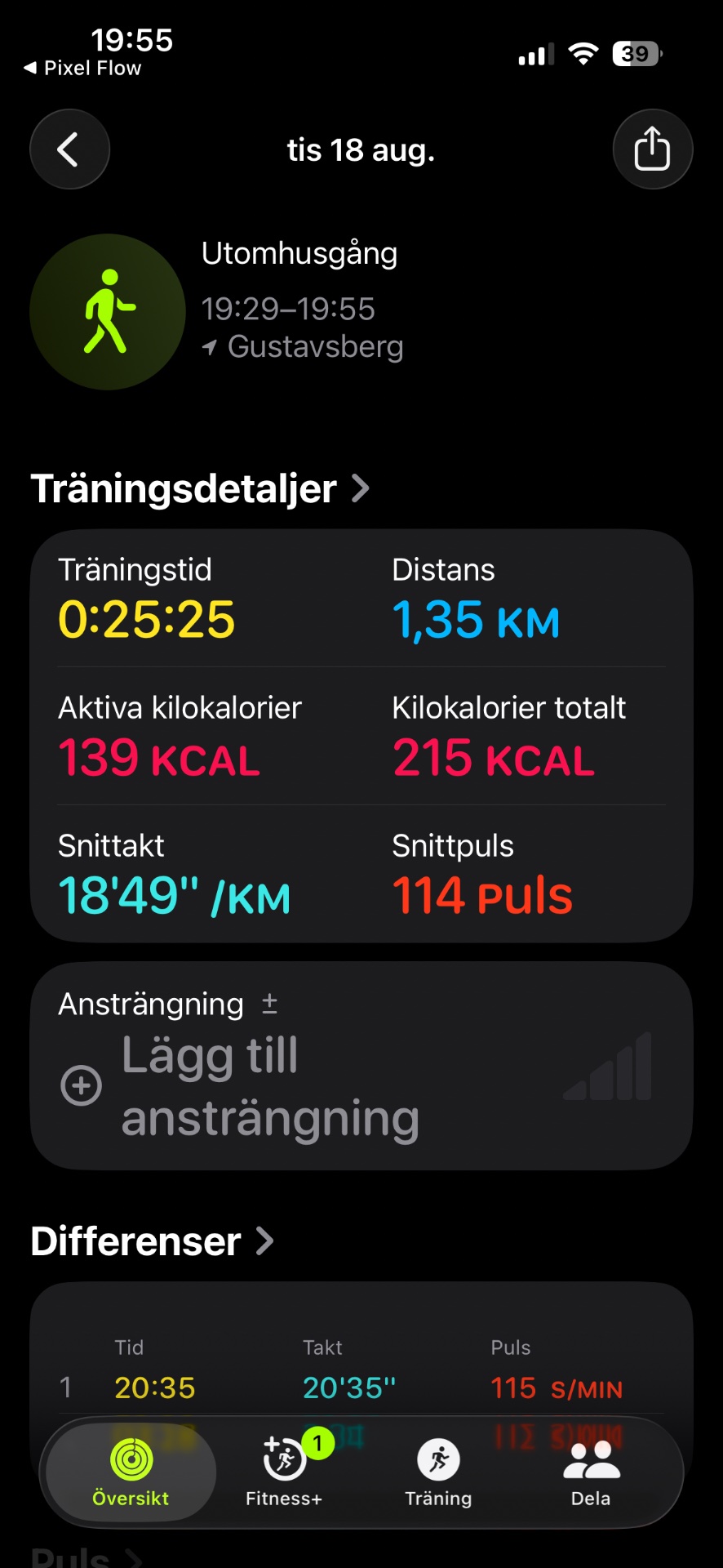 A 25-minute walk (Utomhusgång) covering 1.35 km in the Gustavsberg area, burning 215 total calories with an average pace of 18'49" per km.