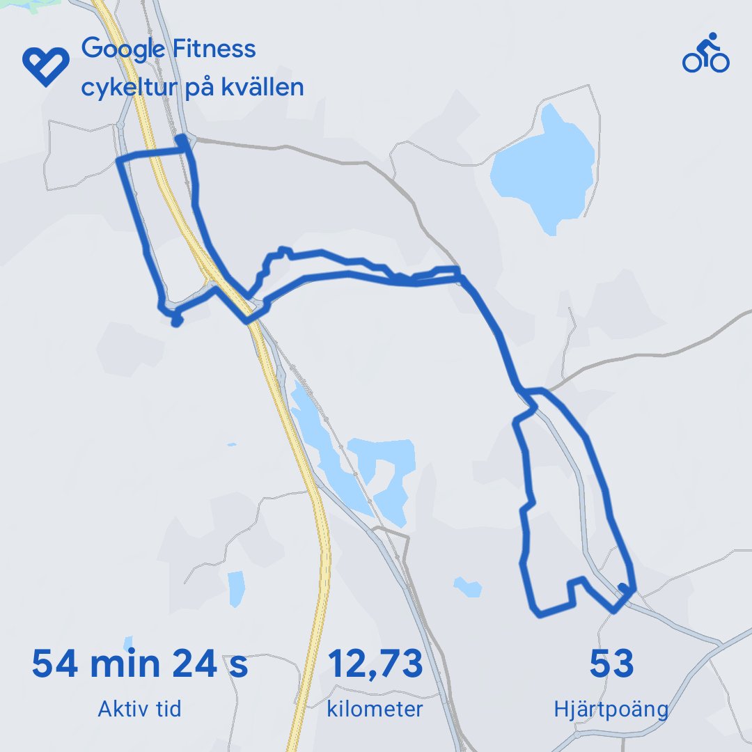 A cycling workout tracked via Google Fitness covering 12.73 kilometers in 54 minutes and 24 seconds on a scenic route. Great outdoor bike ride with solid distance and pace!