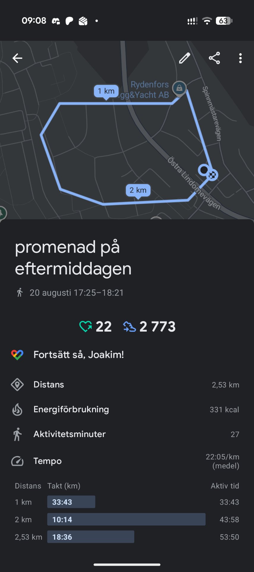 A 2.53 km evening walk (promenad på eftermiddagen) completed in 53 minutes and 50 seconds, burning 331 kcal with an average pace of 22:05/km. Great work staying active, Joakim!