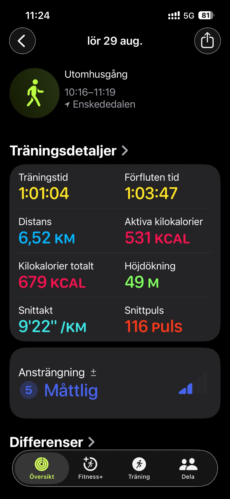A solid 1-hour walk covering 6.52 km with an average pace of 9'22"/km, burning 531 active calories. Completed on August 29th at Enskededalen with a moderate intensity effort.