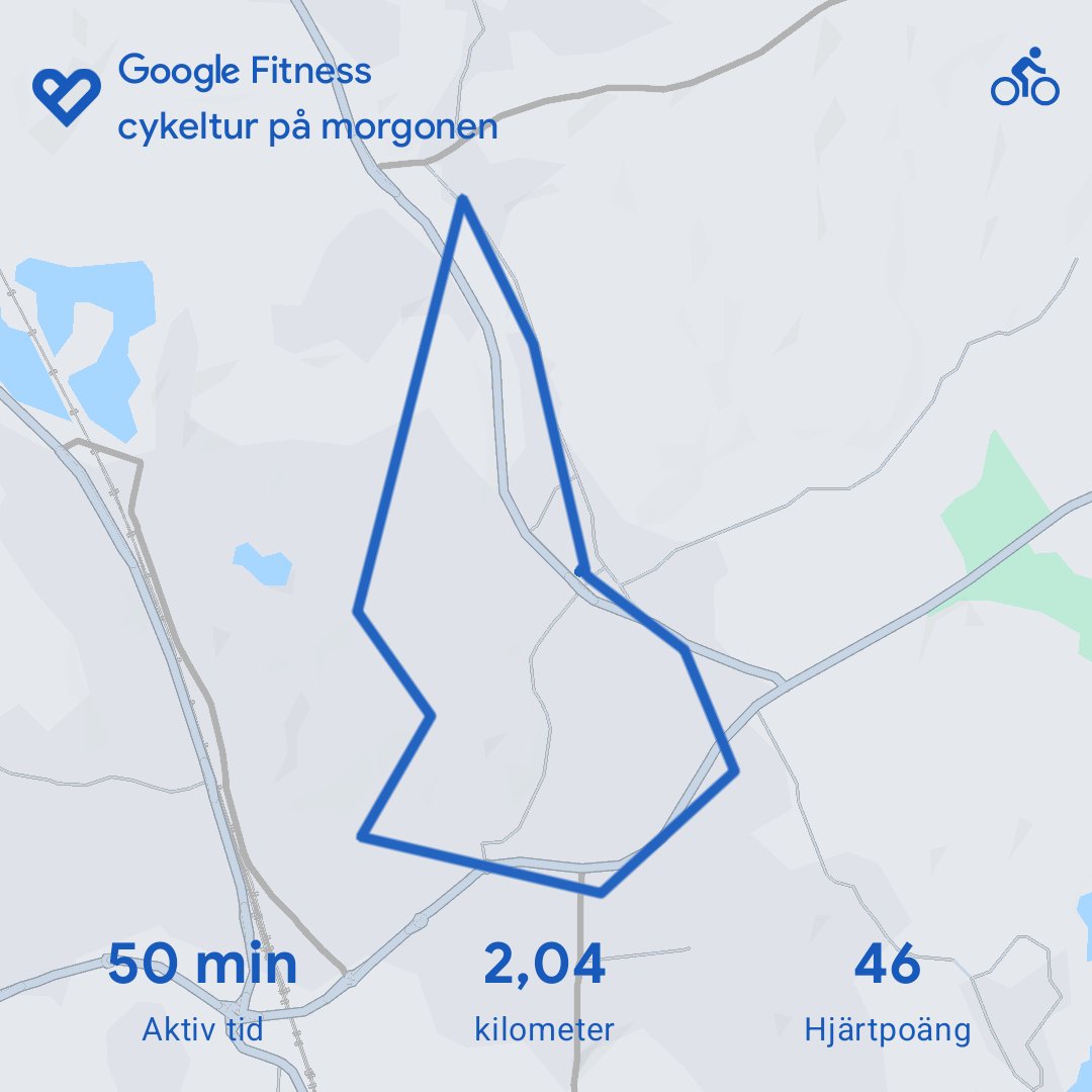 A morning cycling session tracked through Google Fitness covering 2.04 kilometers in 50 minutes with an average heart rate of 46 bpm. This is a nice steady-paced bike ride through the area!
