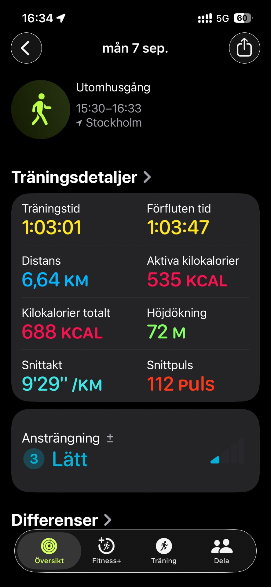 A brisk walking workout in Stockholm covering 6.64 km in just over an hour, burning 535 active calories with an average pace of 9'29" per km and a heart rate of 112 bpm.