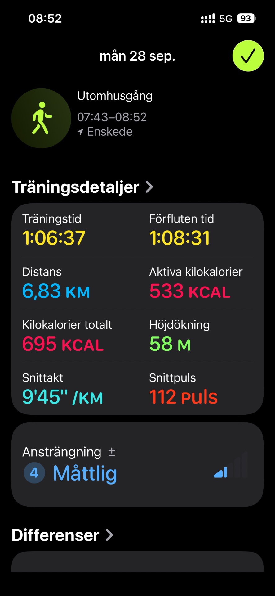Morning jog covering 6.83 km in just over an hour, burning 533 active calories with an average pace of 9'45" per km. A solid steady-state cardio session in Enskede!