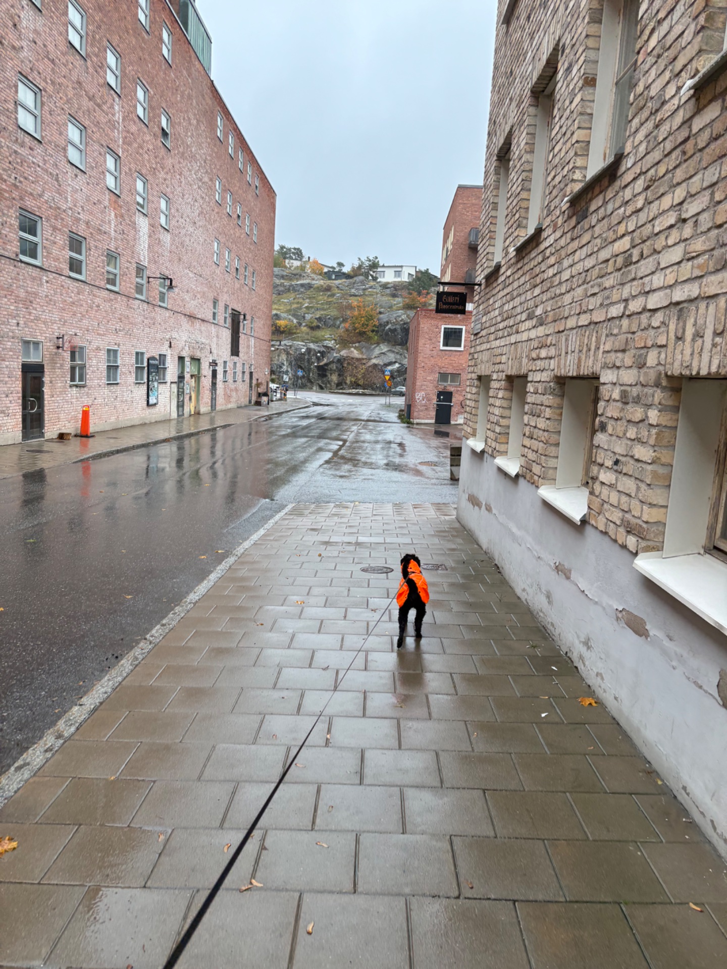 A runner in a bright orange jacket takes on an urban run through a wet city alleyway on a rainy day. Great outdoor cardio session braving the elements!