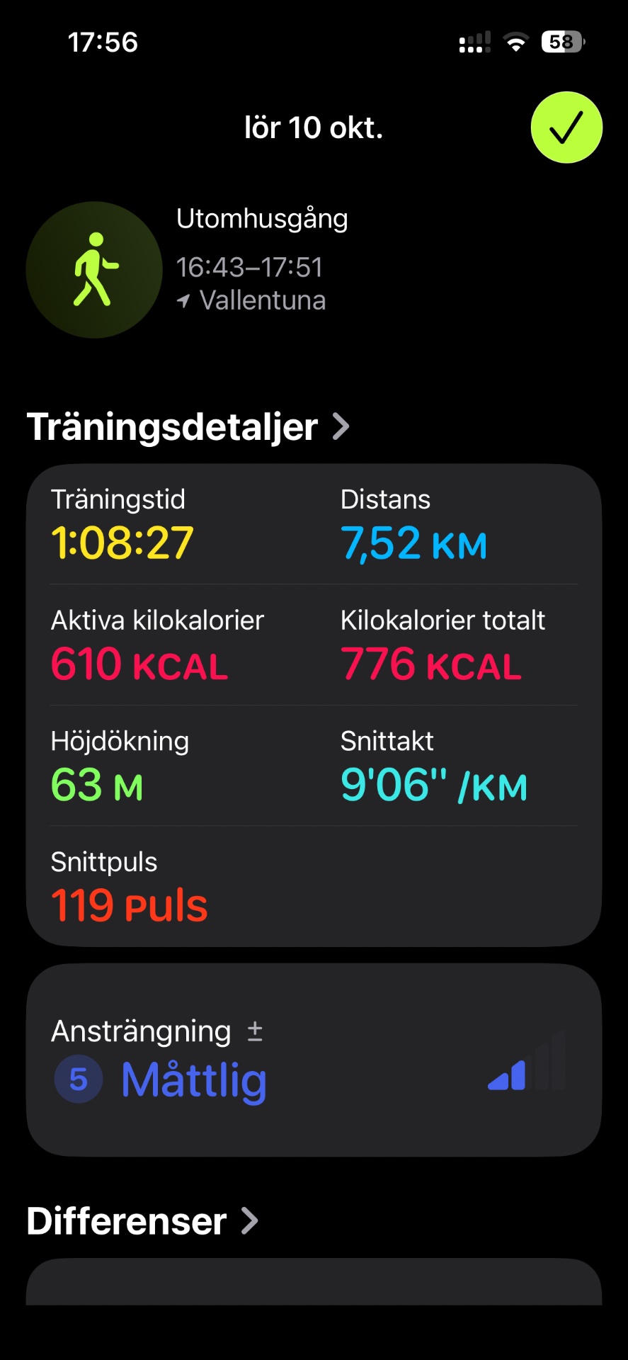 A solid 1 hour 8 minute walk covering 7.52 km through Vallentuna, burning 610 active calories with an average pace of 9'06" per km and 119 heart rate beats per minute.