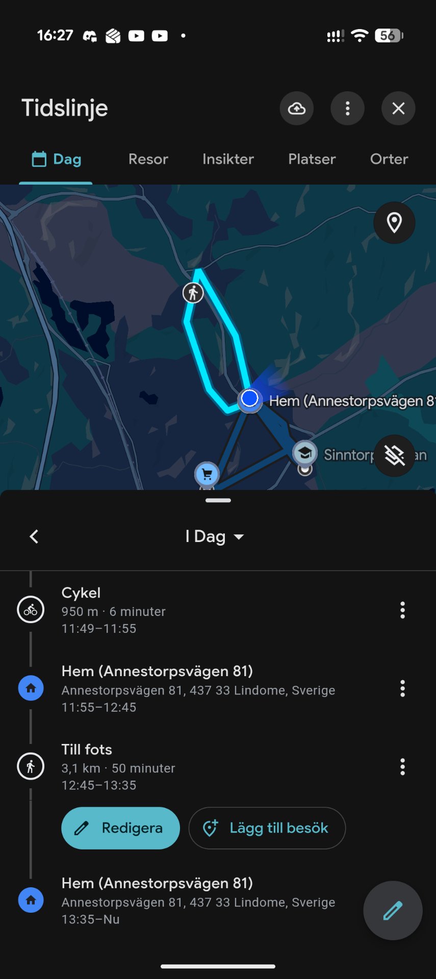 A mixed cardio day featuring cycling, walking, and running activities tracked through a fitness app. The user completed a 6-minute bike ride, a walk to a home location, and a 50-minute run covering 3.1 km throughout the day.