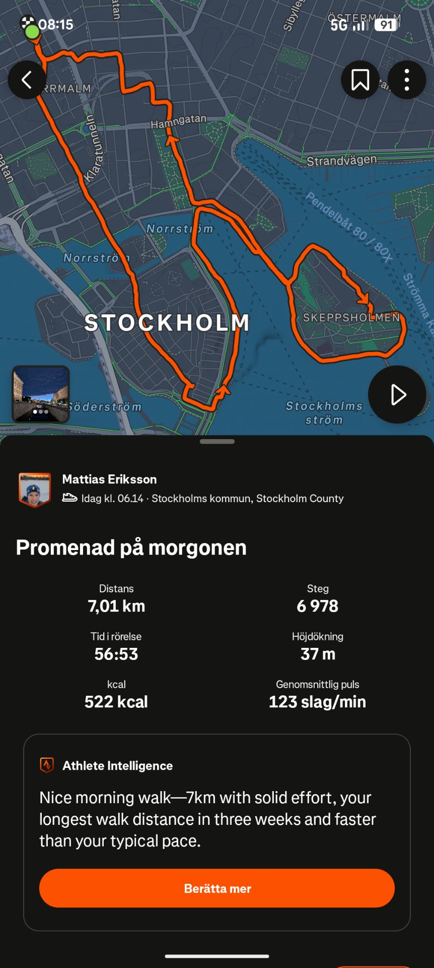 A fantastic 7km morning walk through Stockholm with solid effort! Covering 6,978 steps in 56 minutes with an elevation gain of 37m, this brisk walk burned 522 kcal and exceeded the typical pace.